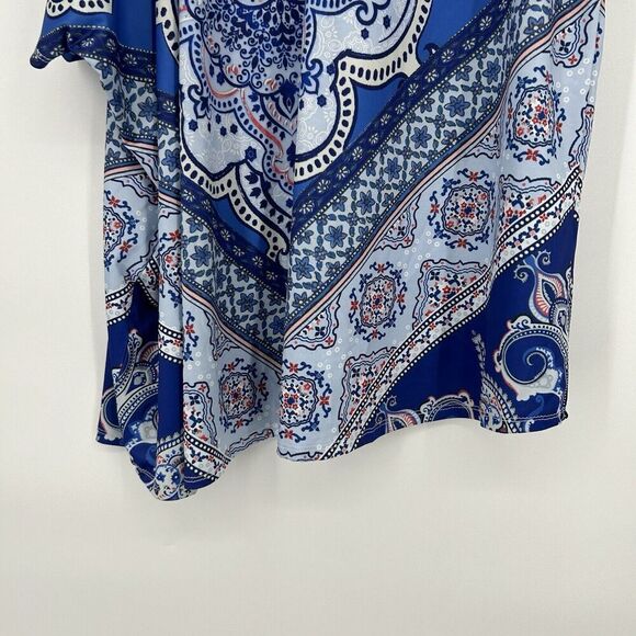One World Boho Top Blue Mixed Pattern One Cold Shoulder Stretch Whimsy Size XL - Picture 7 of 9